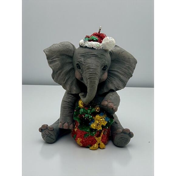 Danbury Mint Baby Elephant Christmas Ornament-Santa Hat-Holiday-Tree-Animal-Cute - Picture 1 of 6